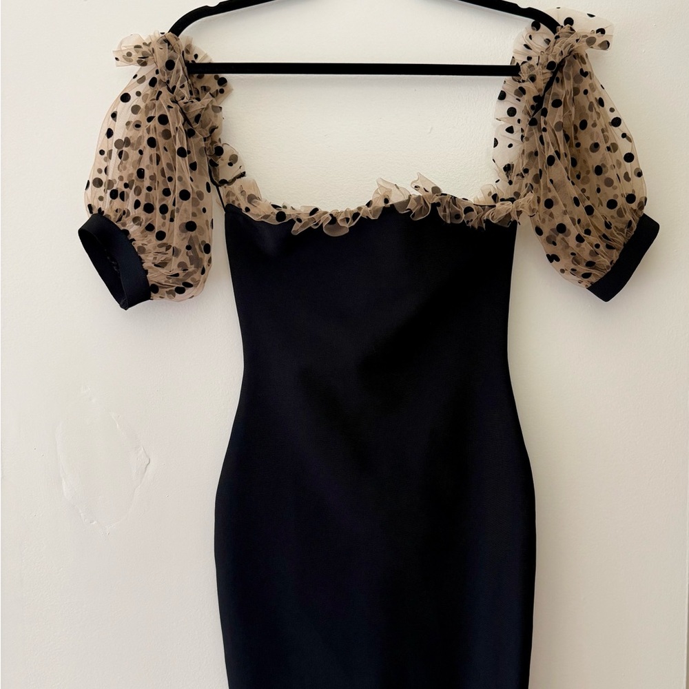 Chic Black Dress with Polka Dot Sleeves